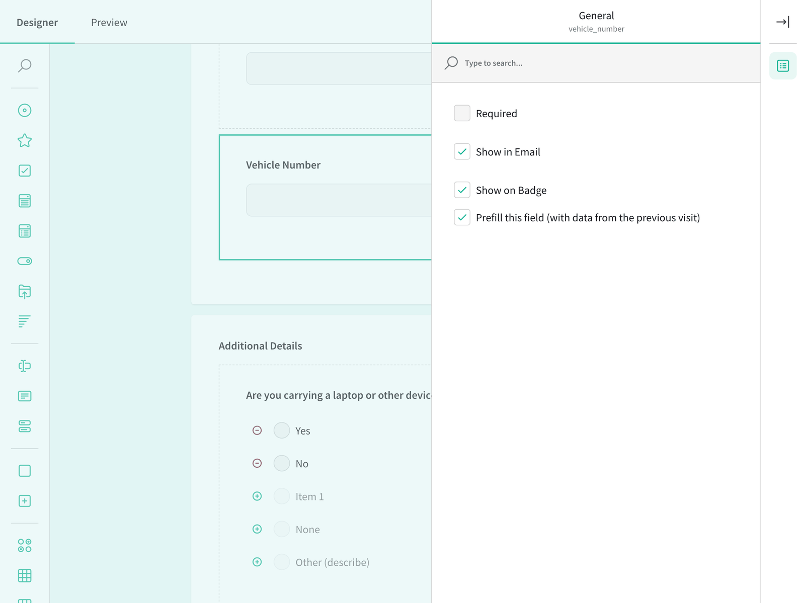 Check-in Fields editor with the per-question options