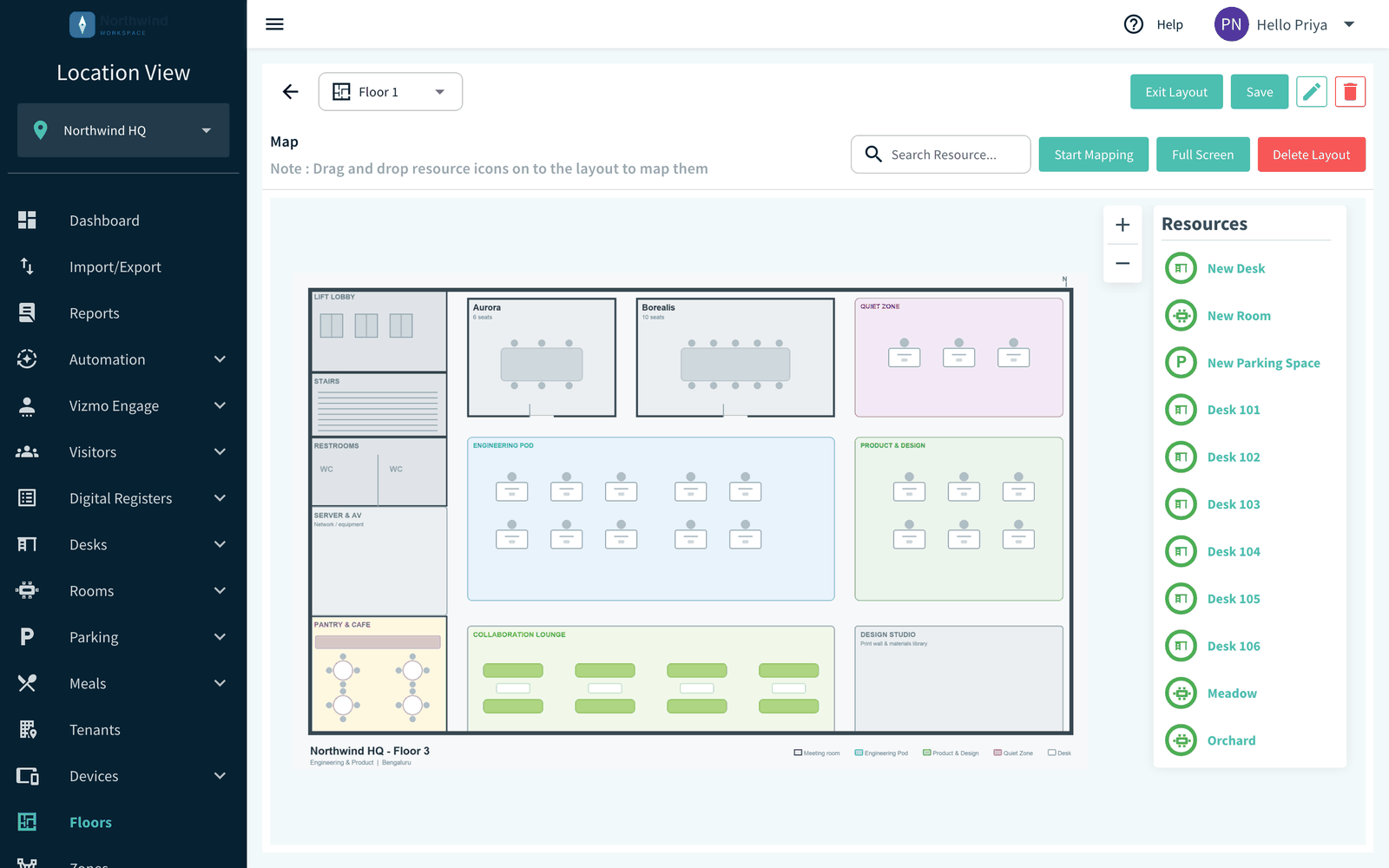 Layout view with the Resources panel on the right and the Start Mapping, Full Screen and Delete Layout buttons