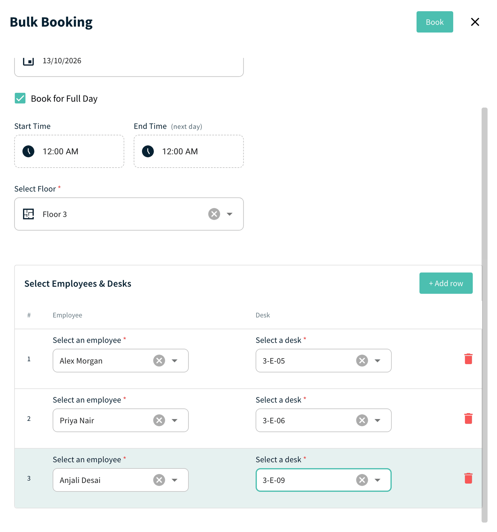 Bulk Booking panel with the Select Employees and Desks table and plus Add row