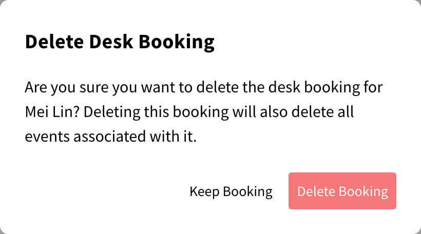 Delete Desk Booking dialog with Delete Booking and Keep Booking