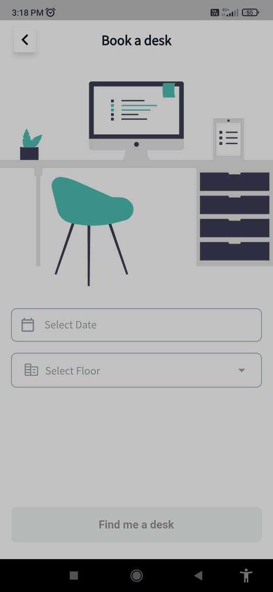 Book a desk form with date, Start Time, End Time, Floor and Select Desk