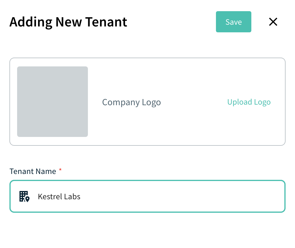 Adding New Tenant panel with Tenant Name, Upload Logo and Save
