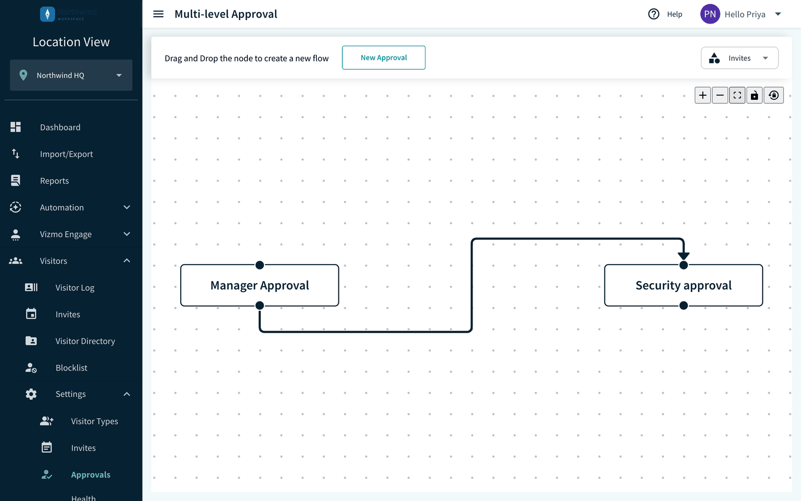 Approvals page with two approval boxes joined by an arrow