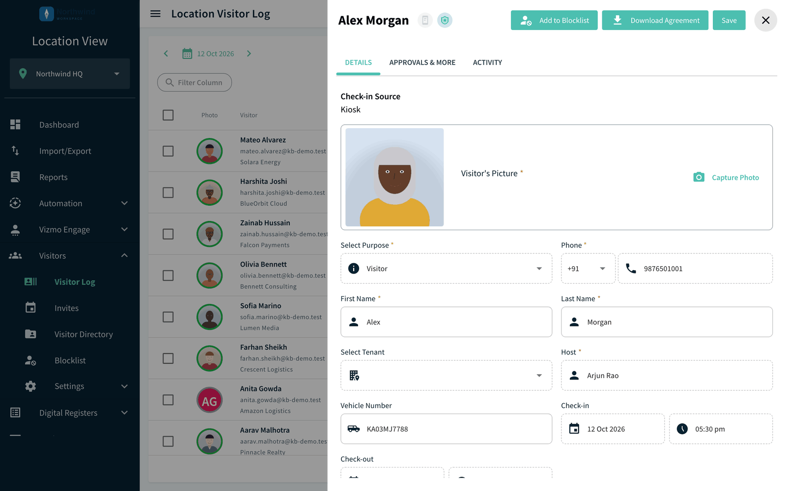 Visit details panel with the Details tab, the Approvals and More tab and the Activity tab
