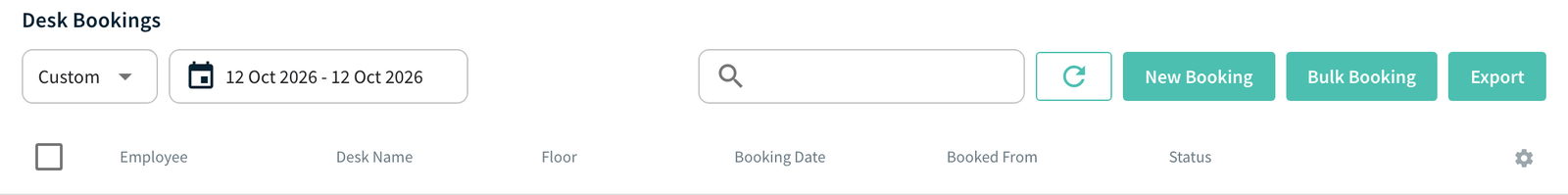 Desk Bookings header with the date list, search box and gear icon