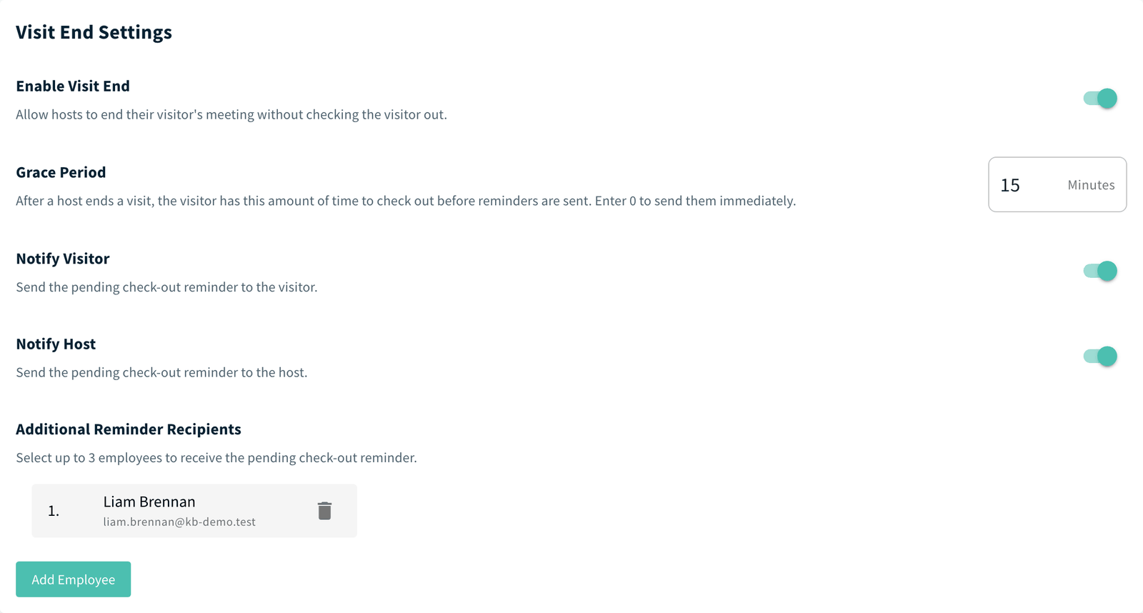 Check-out settings, Visit End Settings card with the options filled in