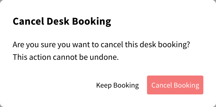 Cancel Desk Booking dialog with Cancel Booking and Keep Booking