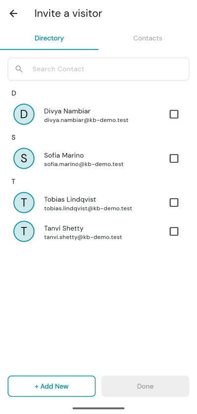 Invite a visitor screen with Directory and Contacts tabs, Search Contact, Add New and Done