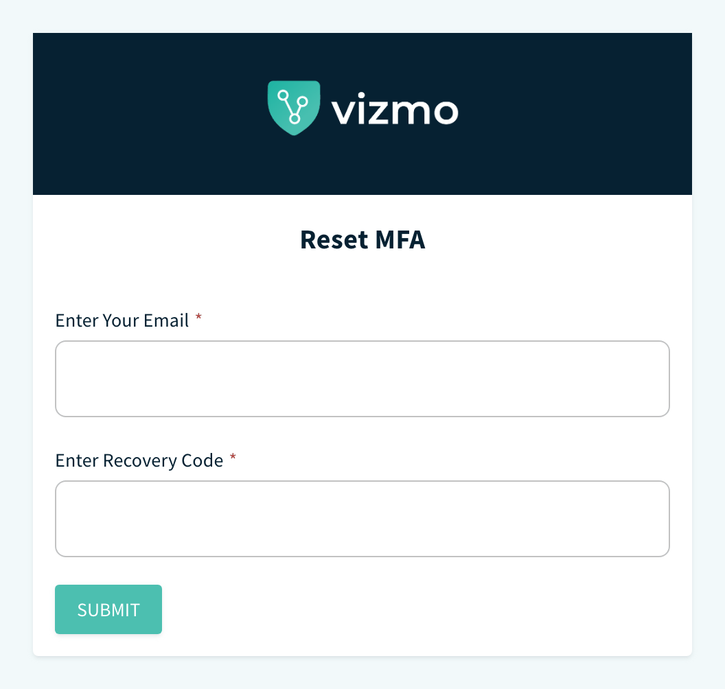 Reset 2FA page with email and recovery code fields