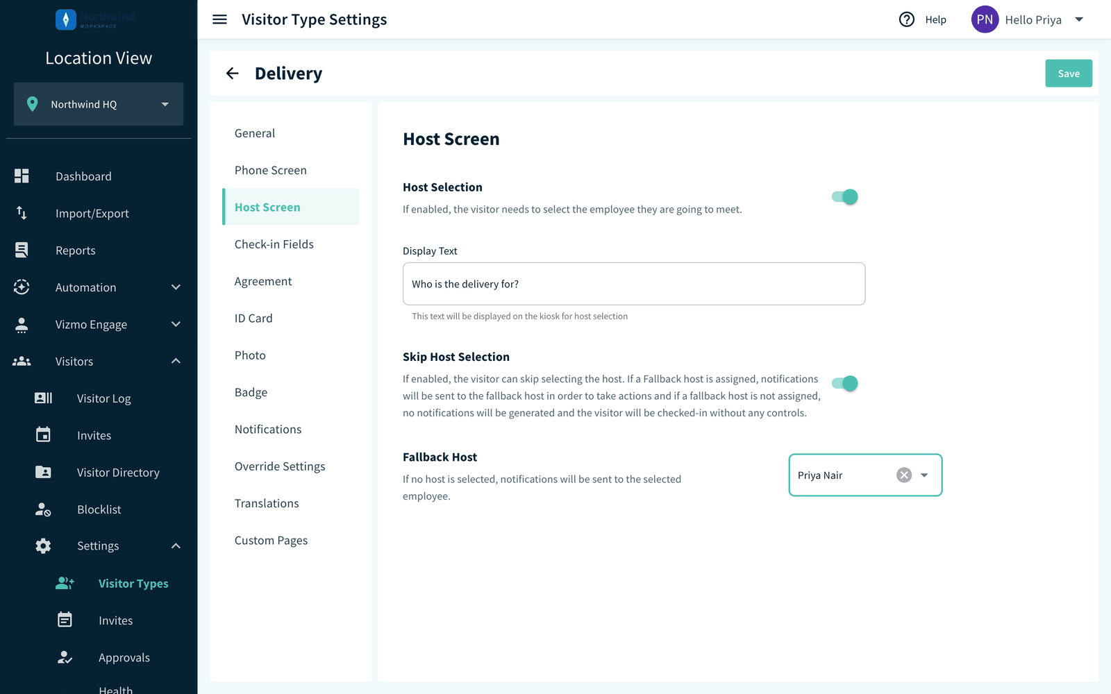 Host Screen tab with Host Selection, Display Text, Skip Host Selection and Fallback Host