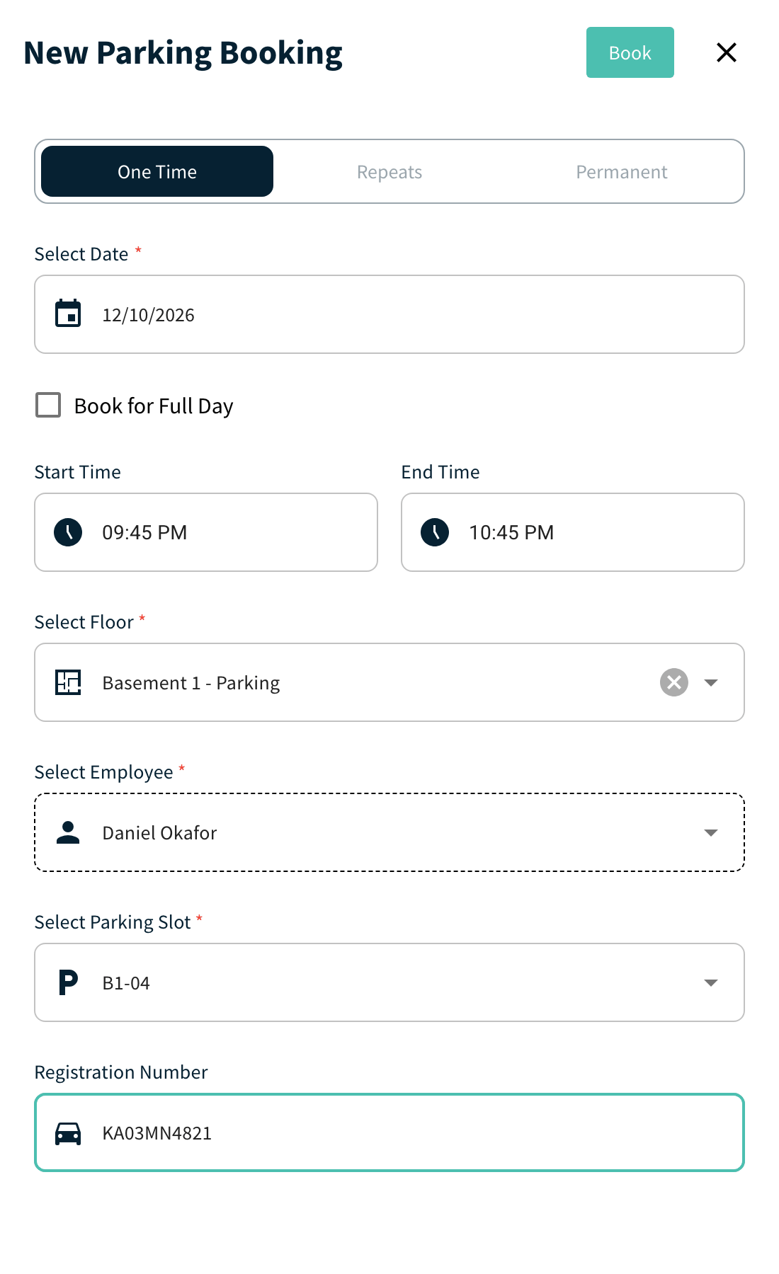 New Parking Booking panel with date, time, floor, slot and registration number
