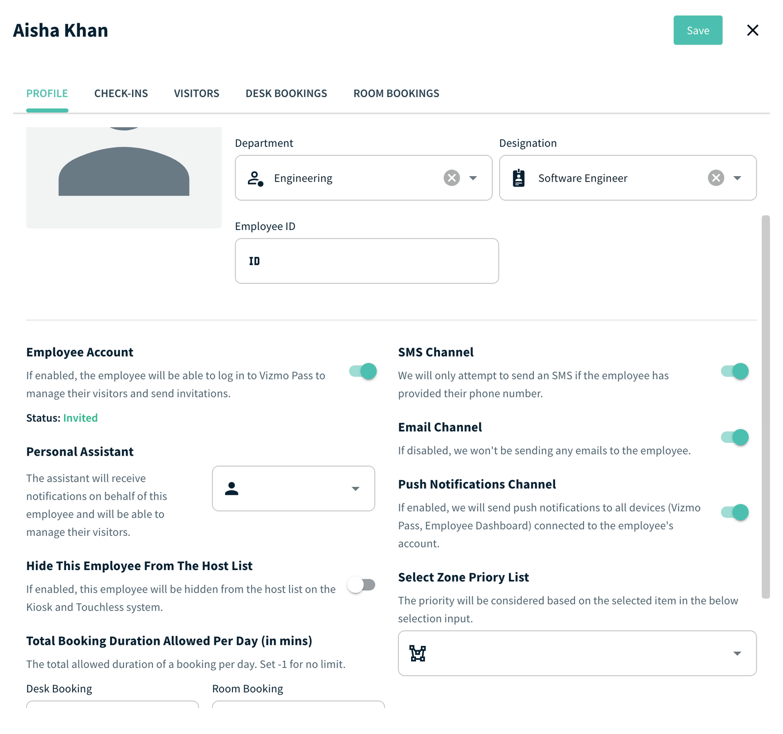 Employee details with the Employee Account toggle and Status