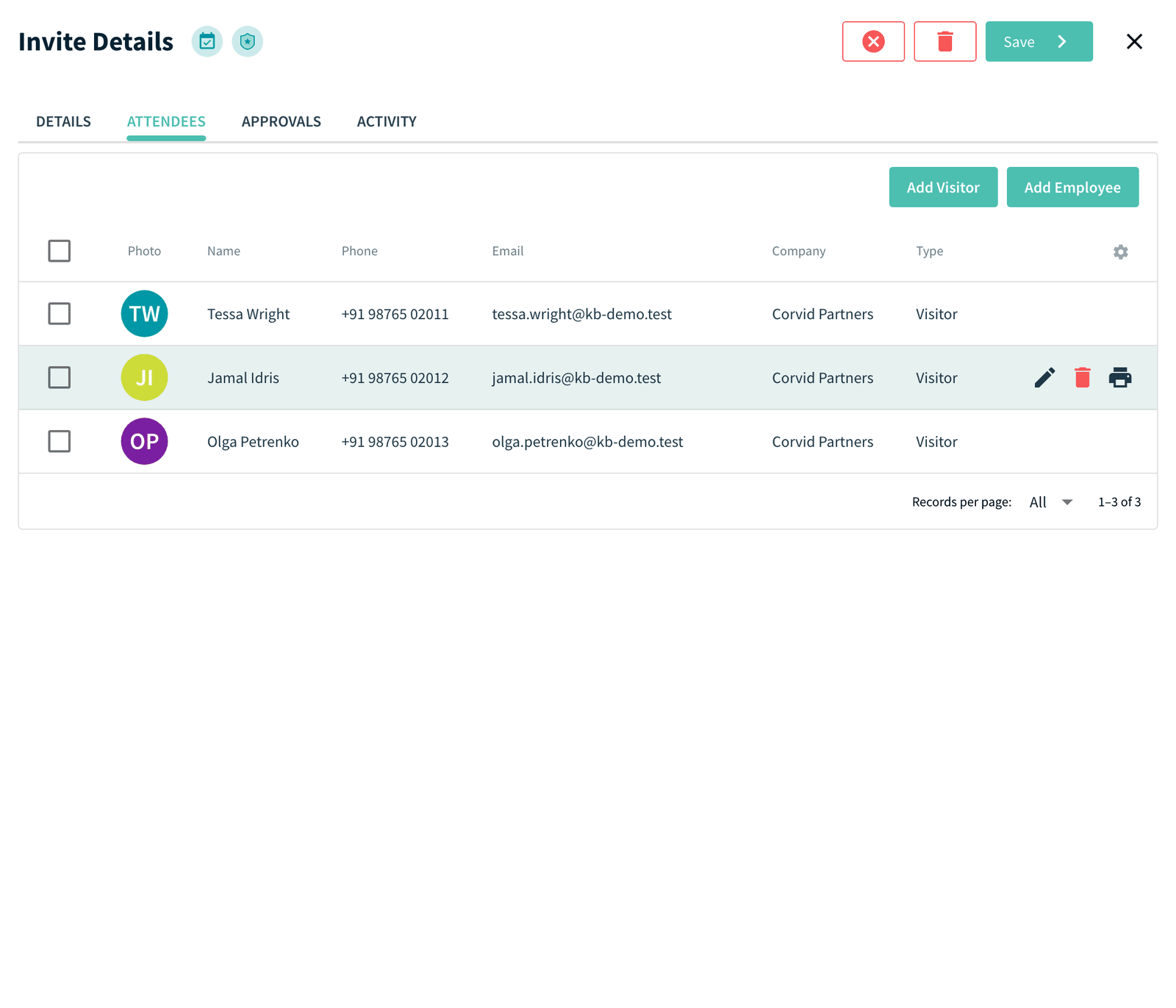 Invite Details, Attendees tab row actions