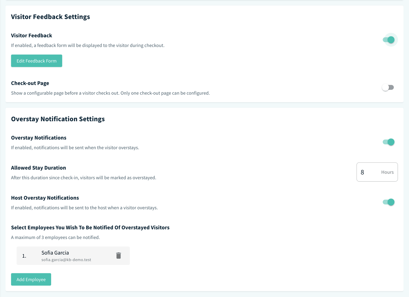 Check-out settings page, Visitor Feedback and Overstay Notification settings cards