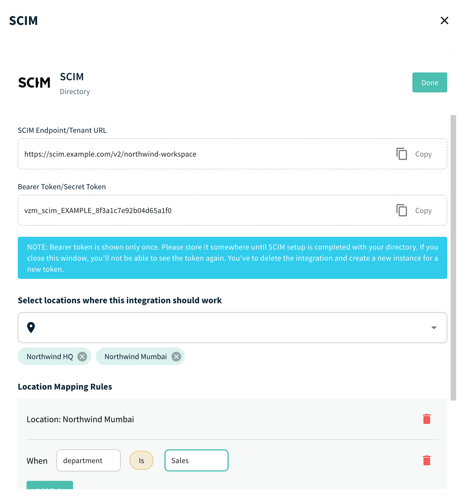 SCIM panel with endpoint URL, bearer token, locations and Location Mapping Rules