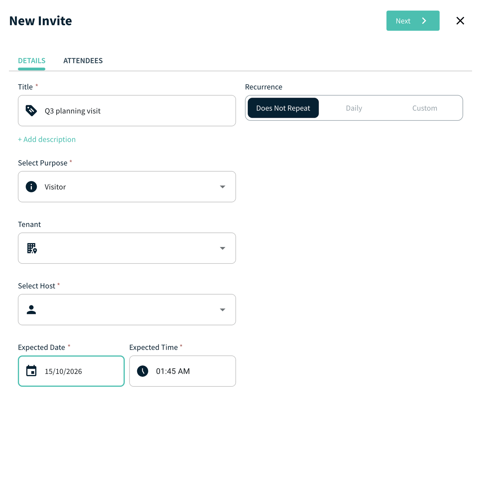 New Invite panel, Details tab