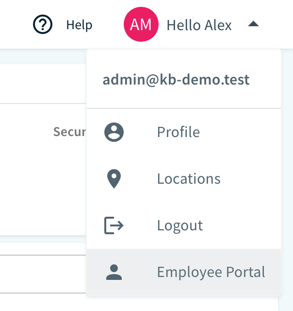 Hello menu in the Admin portal with Employee Portal highlighted