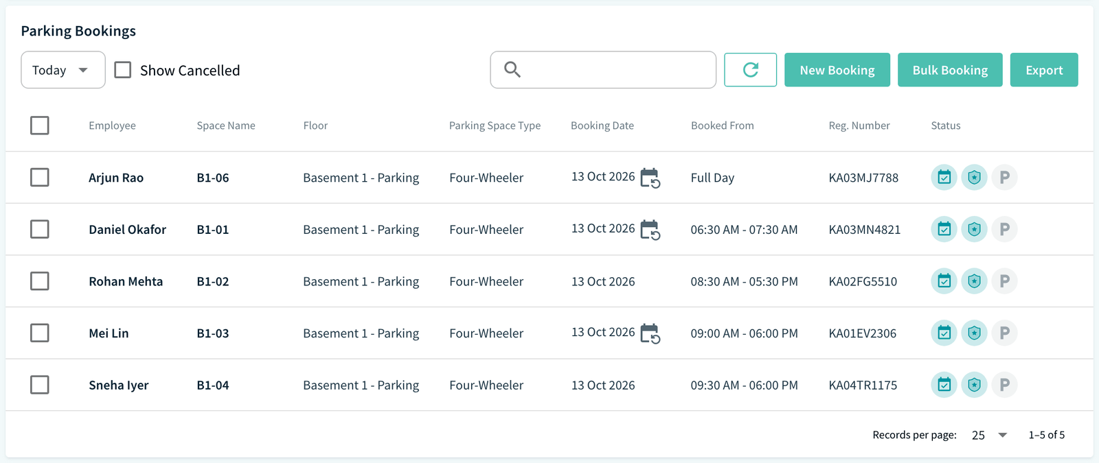 Parking Bookings page toolbar with New Booking, Bulk Booking and Export buttons above the bookings table