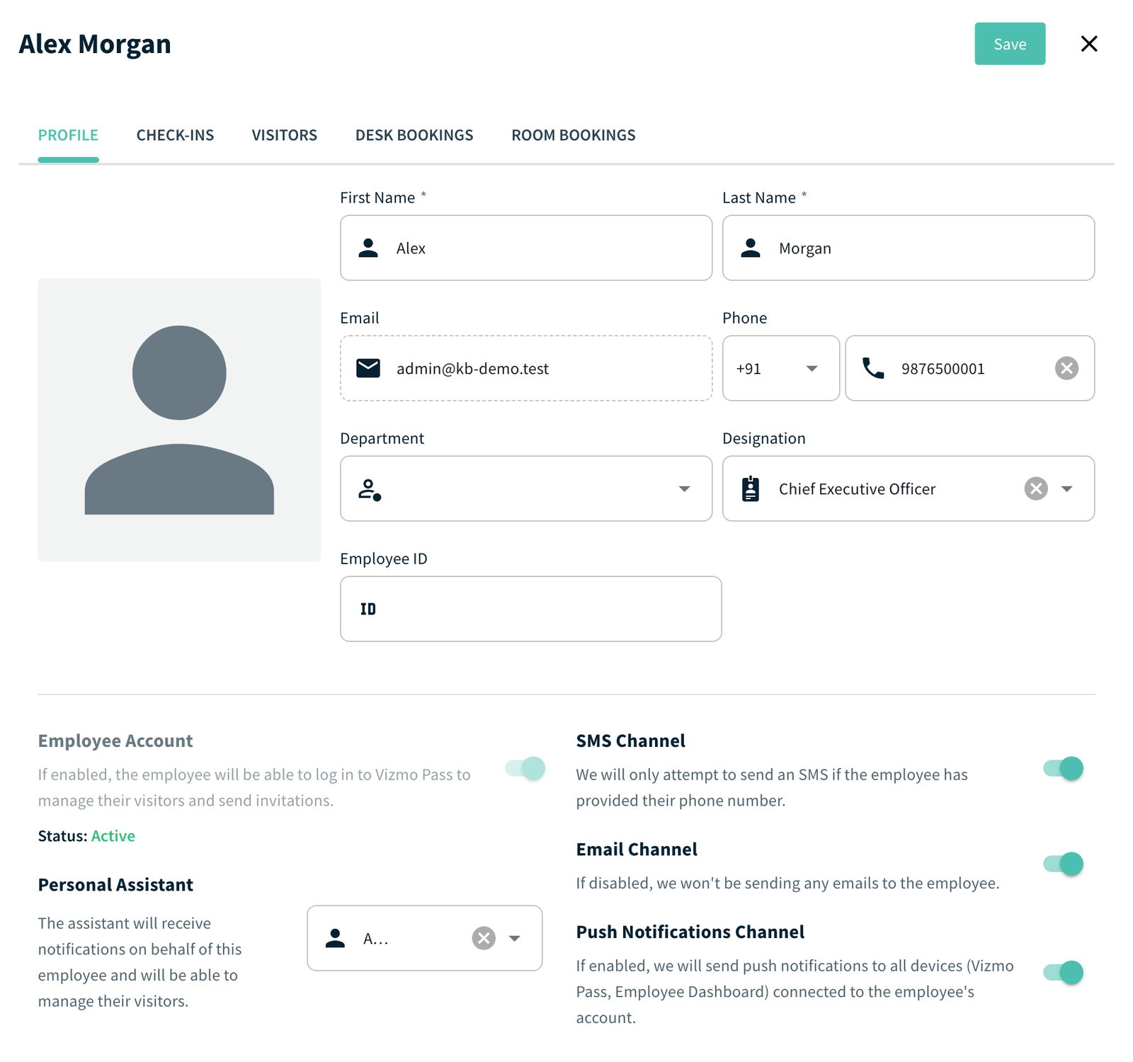 Employee details panel with Profile, Check-ins, Visitors, Desk Bookings and Room Bookings tabs