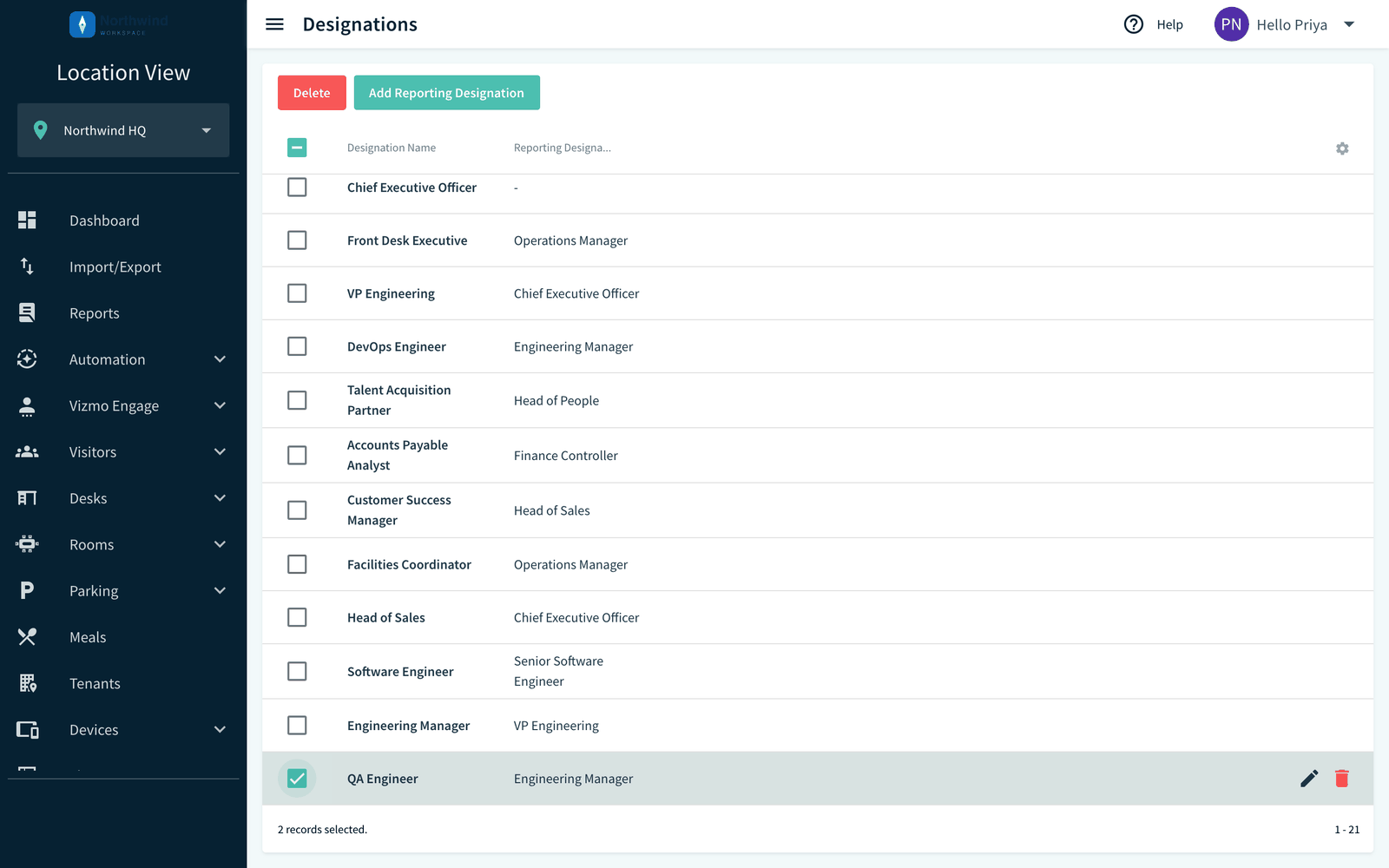 Designations list with rows selected and Add Reporting Designation button