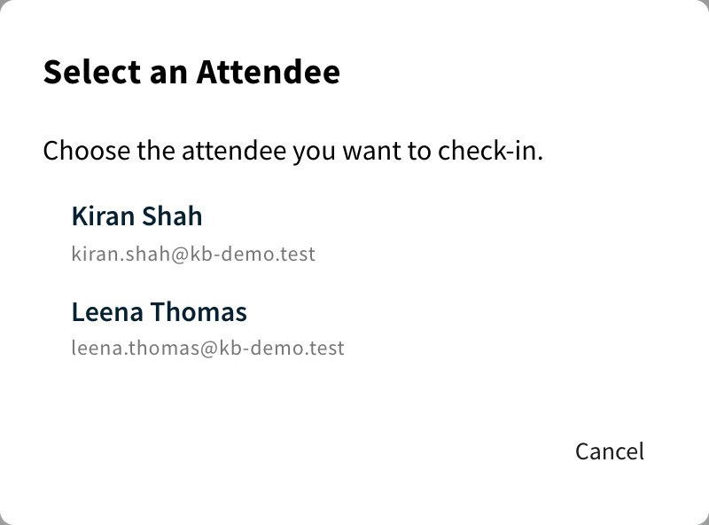 Select an Attendee dialog listing the visitors on the invite
