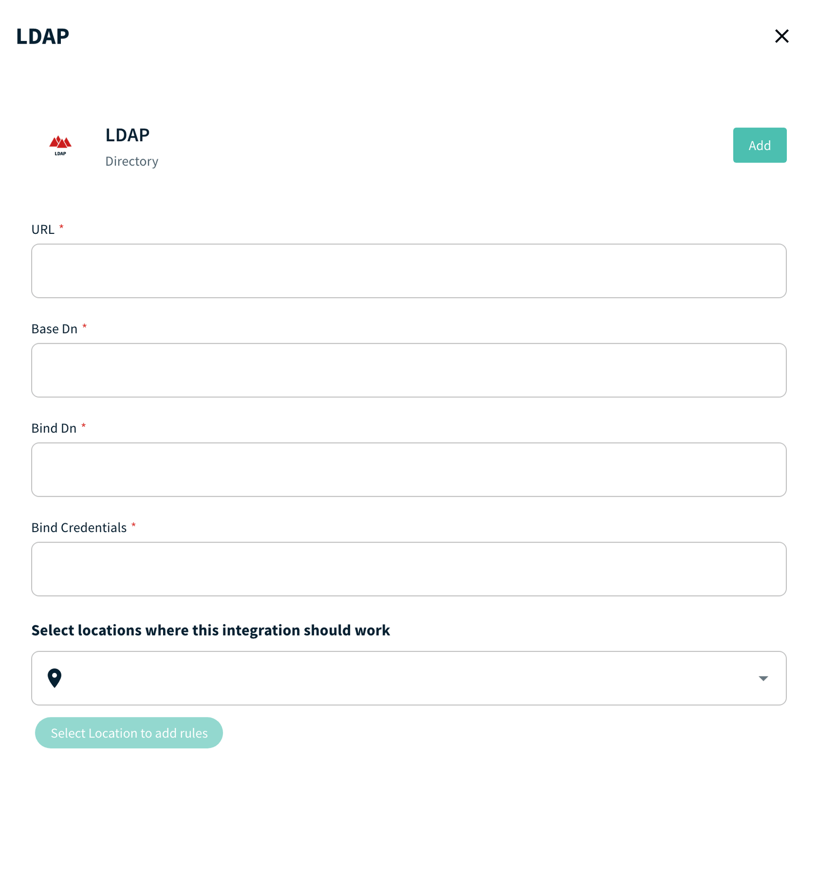 Add LDAP form with URL, Base Dn, Bind Dn, Bind Credentials and location selector