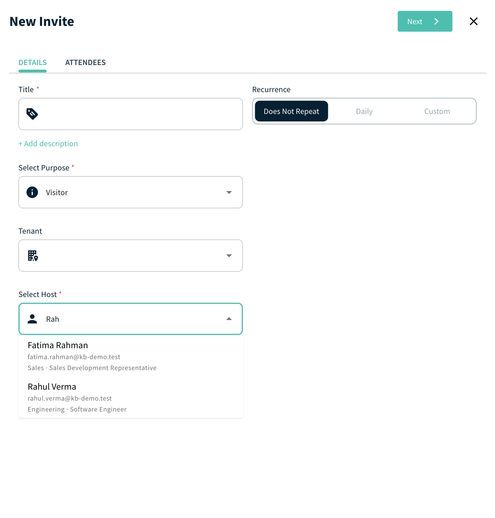 New Invite, Details tab with Select Host