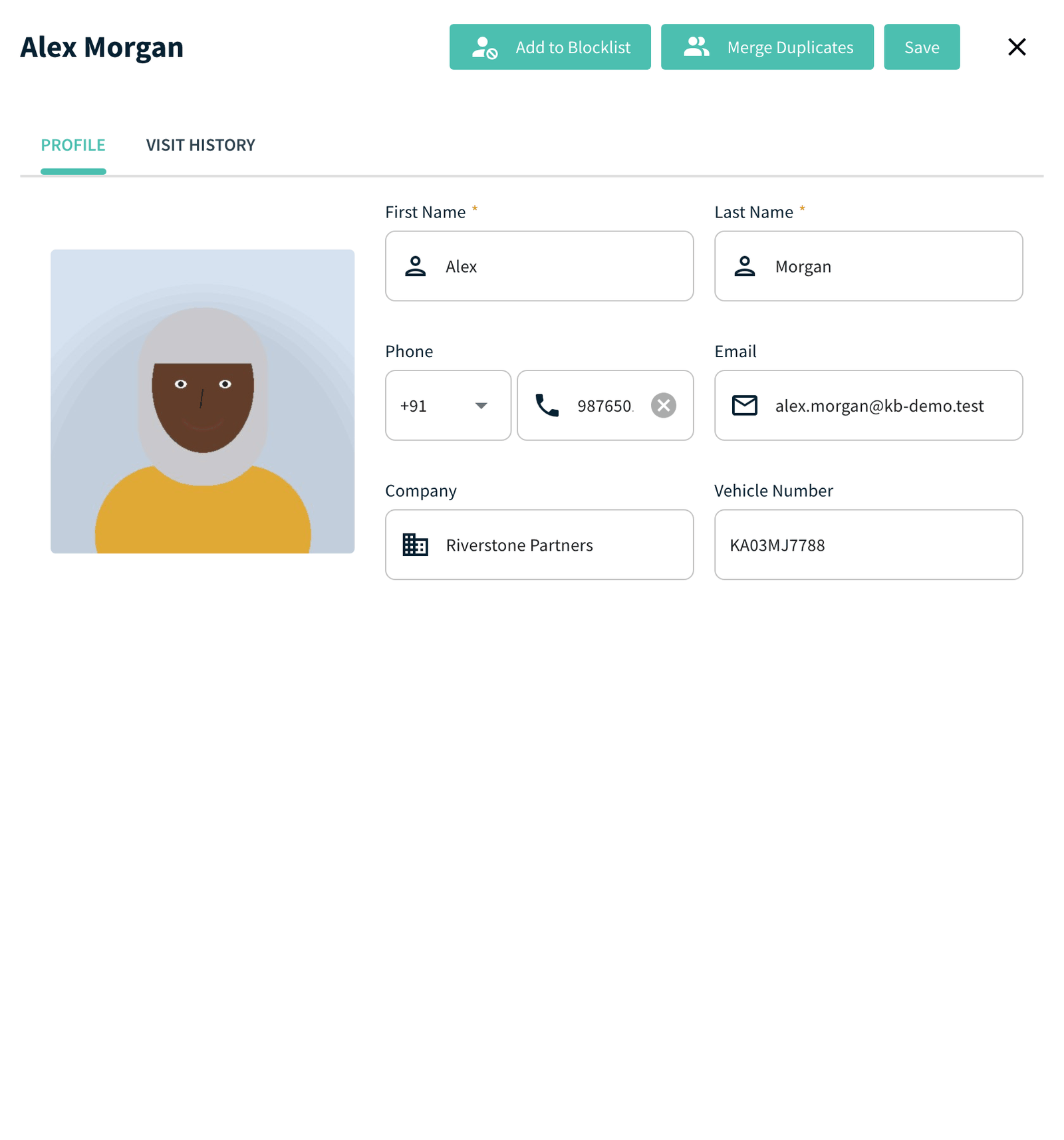 Visitor profile drawer with Save and Merge Duplicates