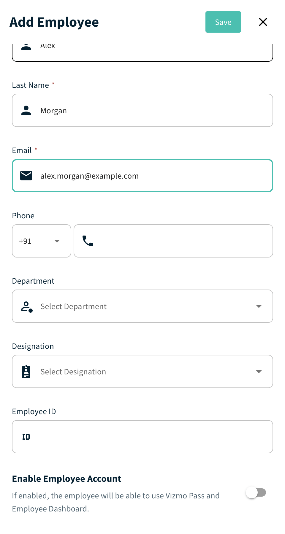 Add Employee panel with the Enable Employee Account toggle