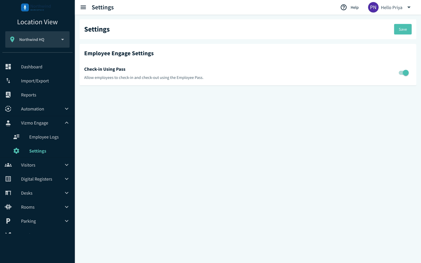 Employee Engage Settings page with the Check-in Using Pass toggle