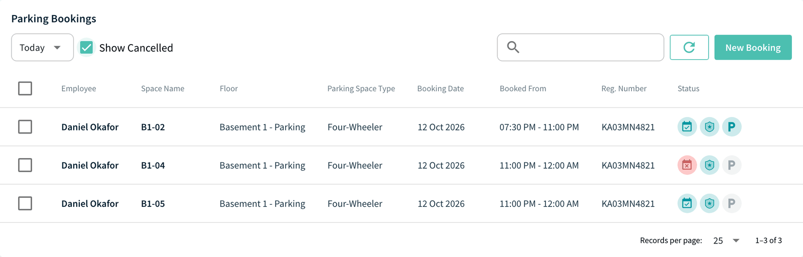 Parking Bookings table with the New Booking button