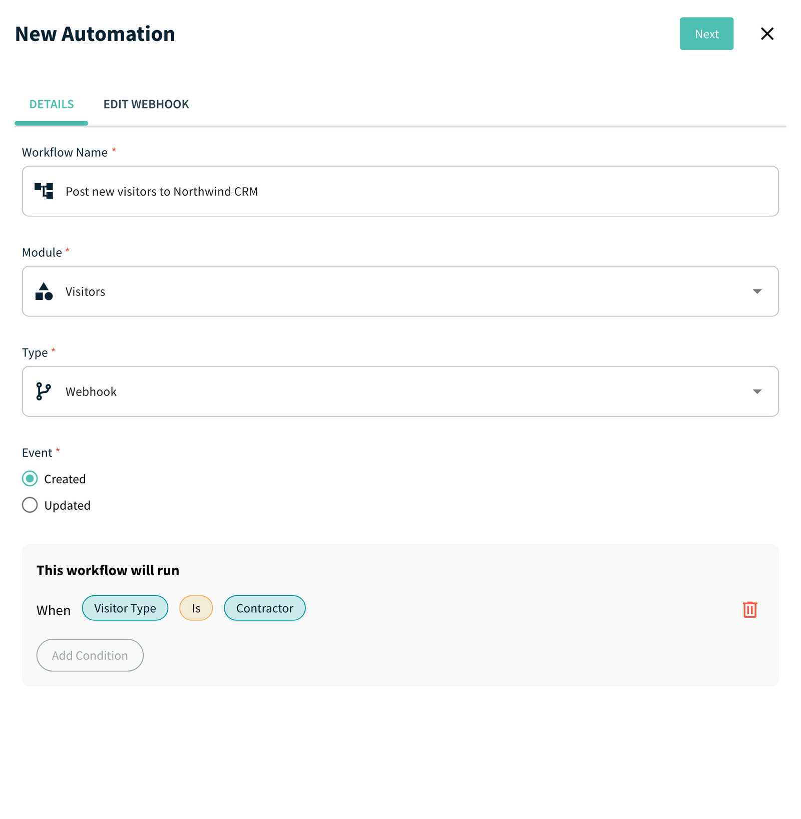 New Automation Details tab with Type set to Webhook