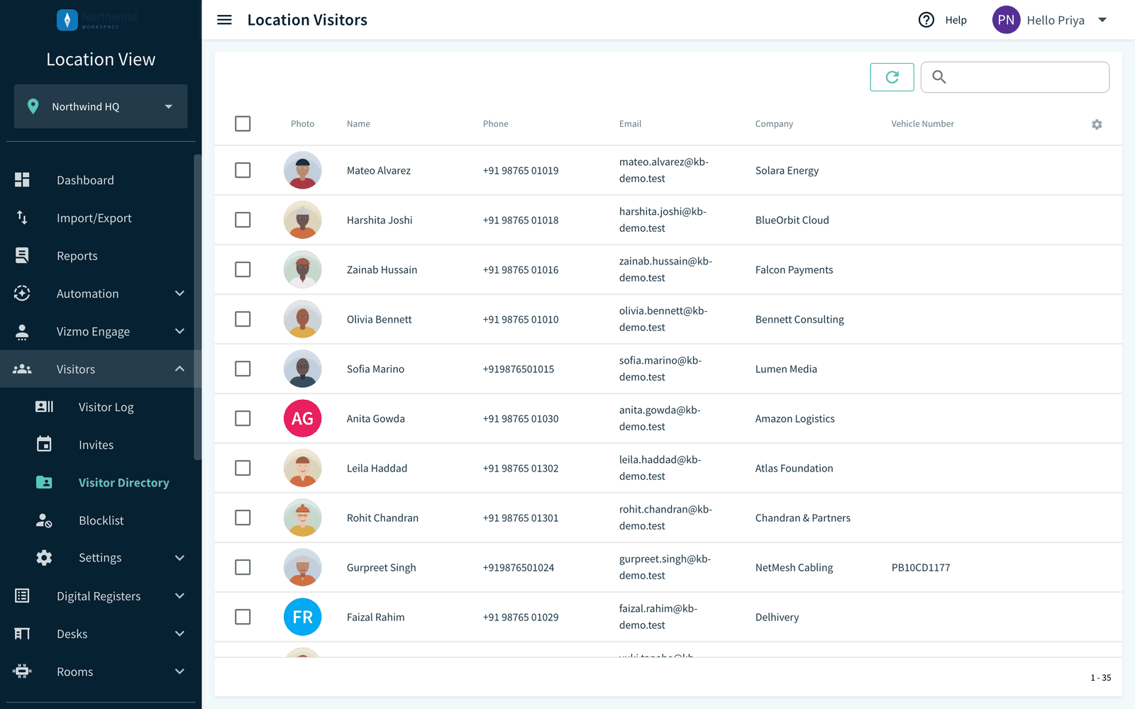 Visitor Directory list