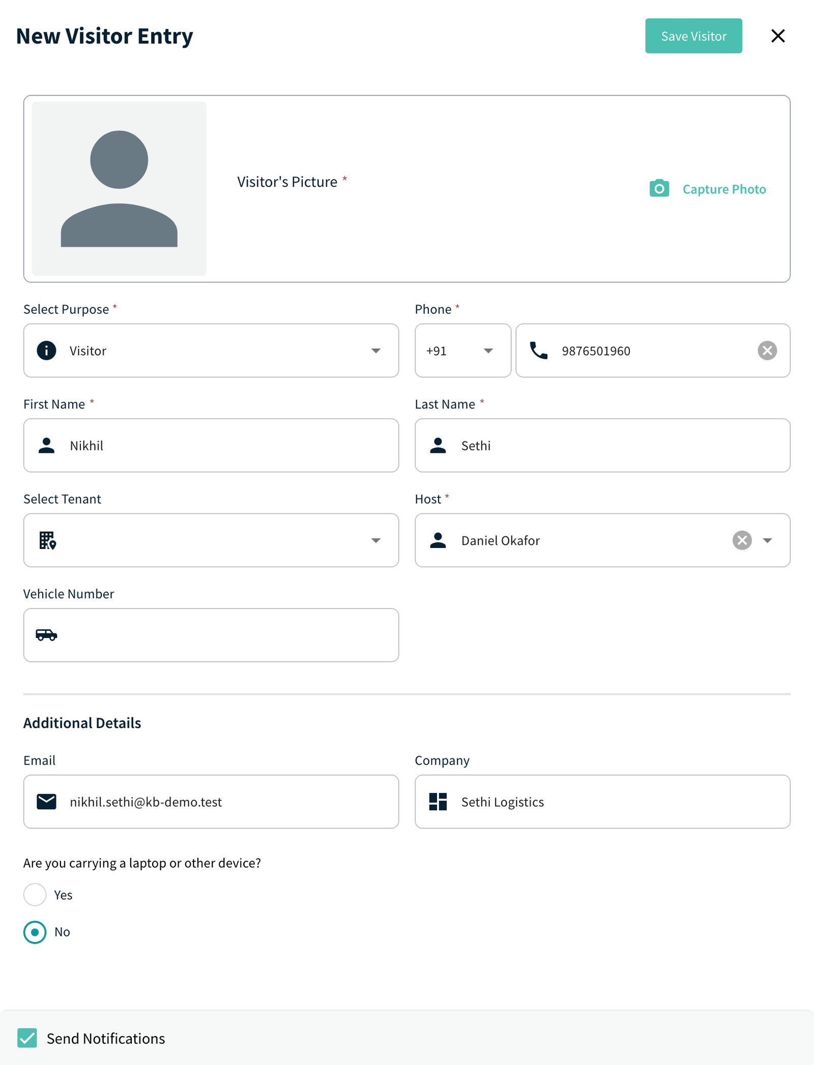 New Visitor Entry panel with Select Purpose, Host and Save Visitor