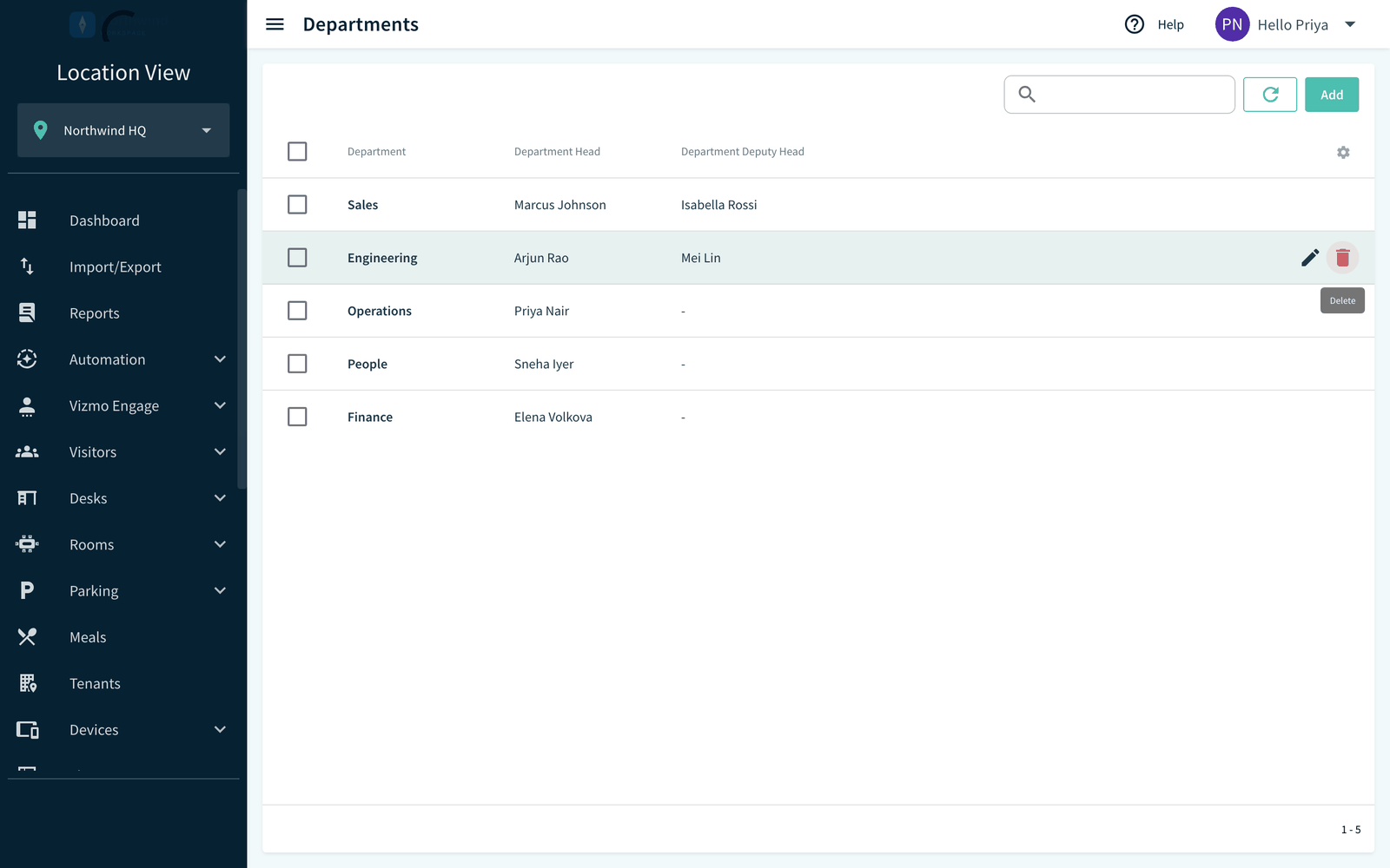 Directory, Departments list with Add button