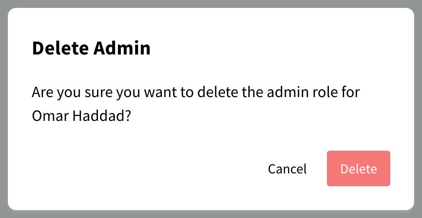 Delete Admin confirmation dialog