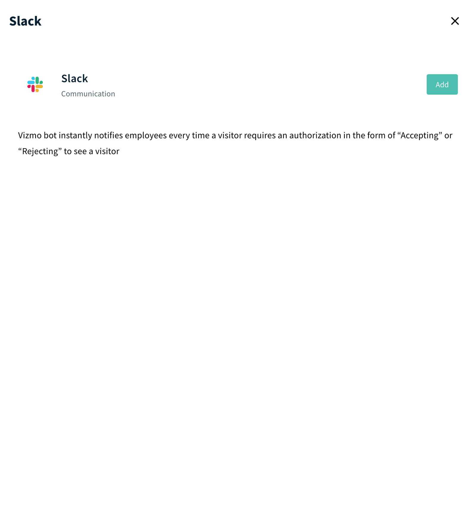 Slack integration panel with the Add button