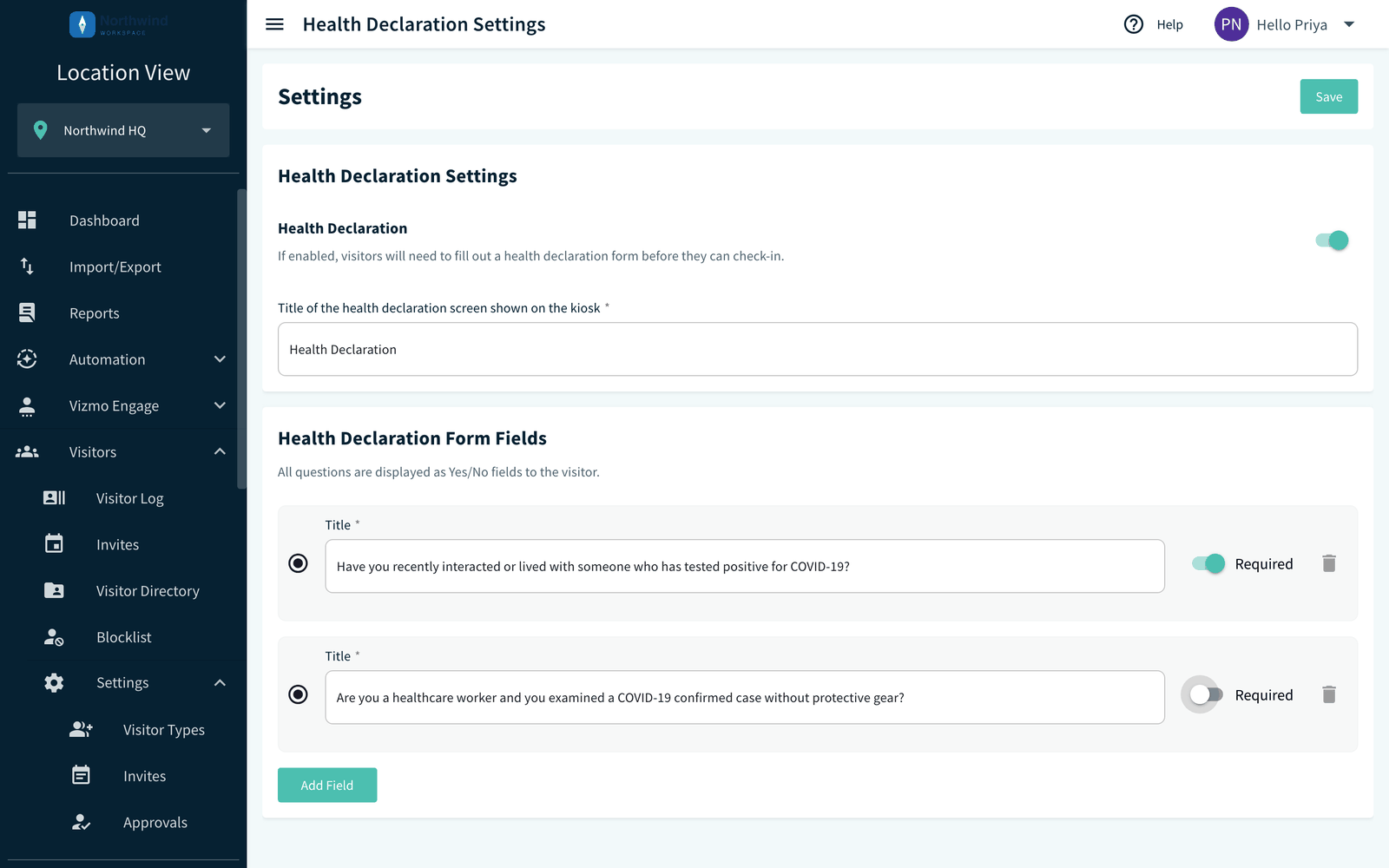 Health Declaration settings page with two questions
