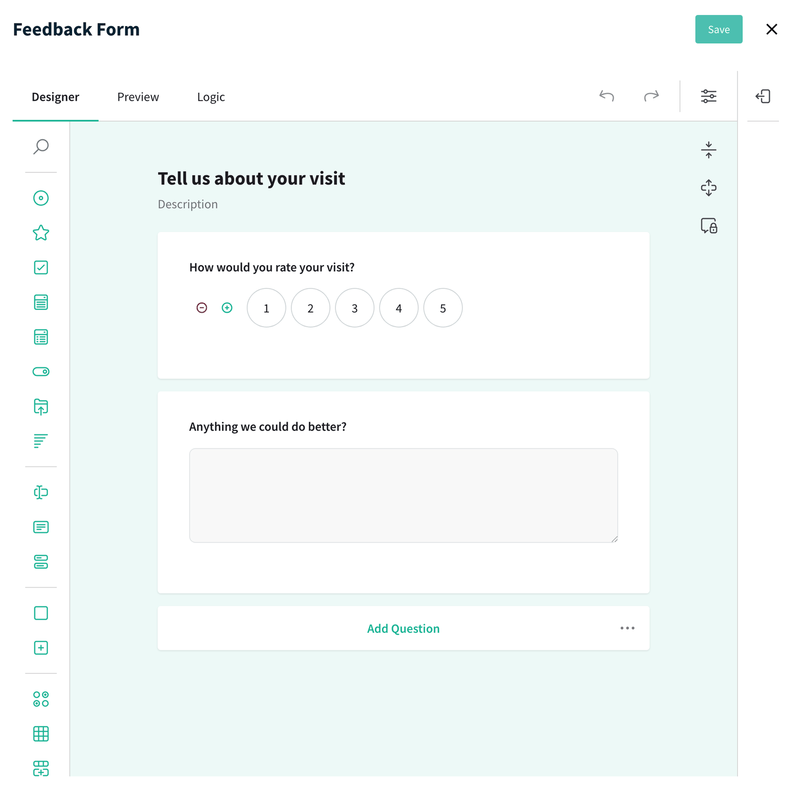 Feedback Form editor with a rating and a comment question