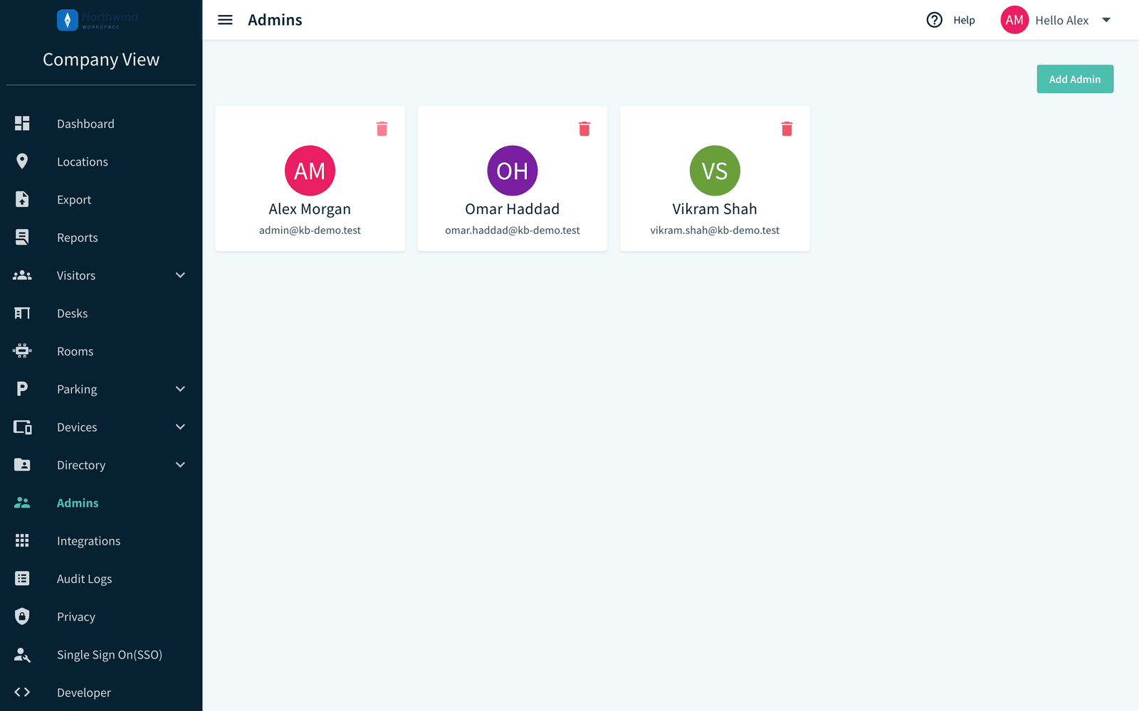 Admins page in Company View with the Add Admin button