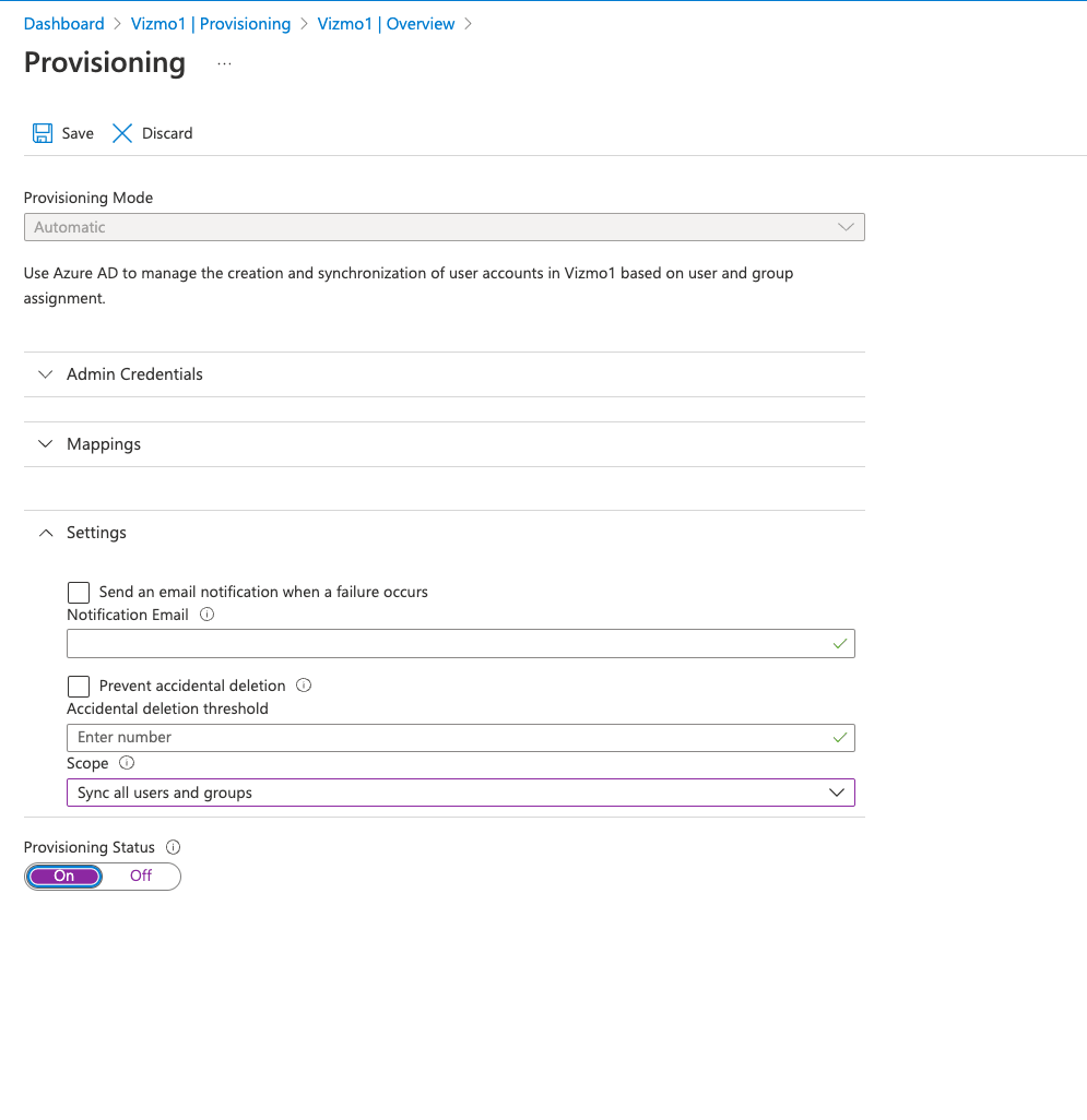 Entra provisioning Settings with Scope and Provisioning Status On