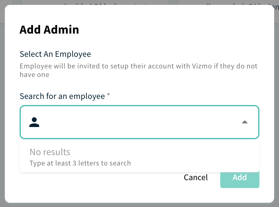 Add Admin dialog with the Search for an employee field