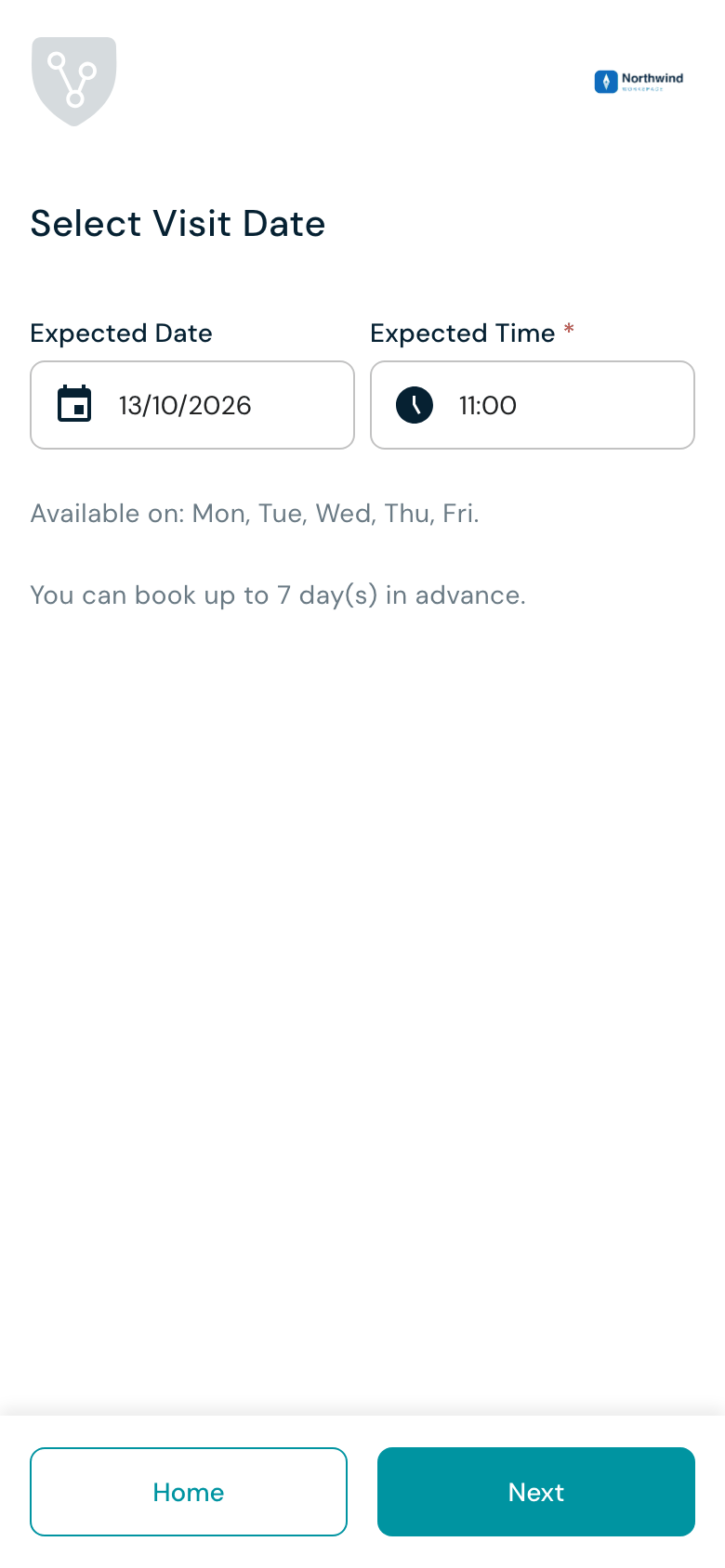 Select Visit Date screen with date, time and allowed-day hints