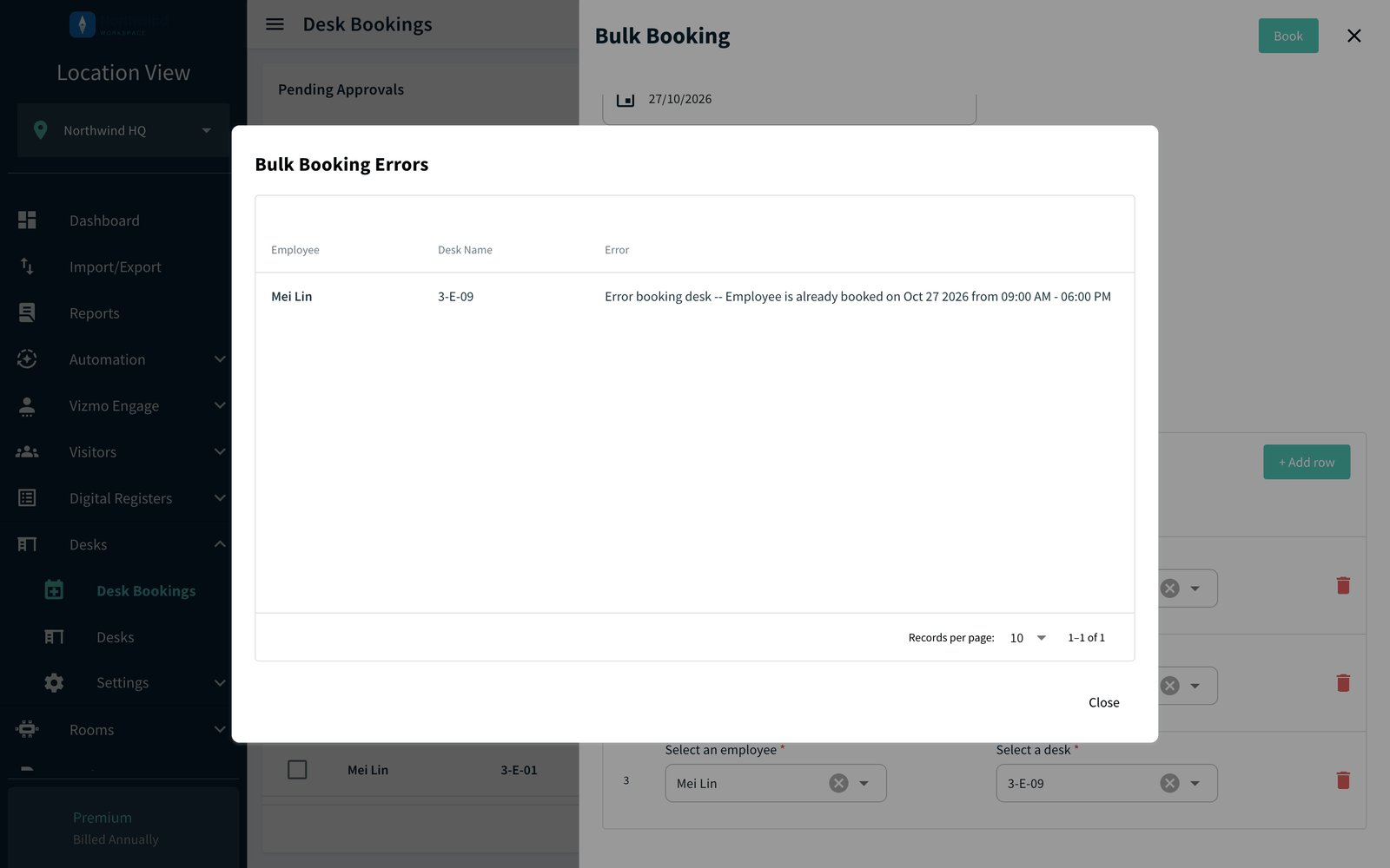 Bulk Booking Errors dialog listing employee, desk name and error