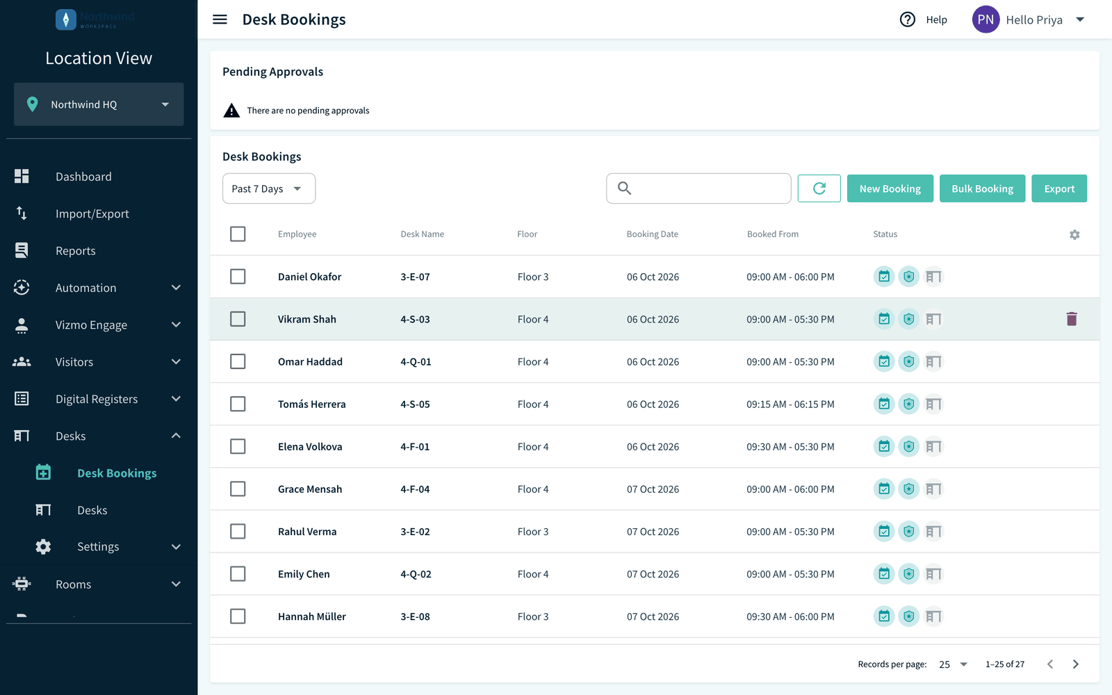 Desk Bookings list set to Past 7 Days with the Status column