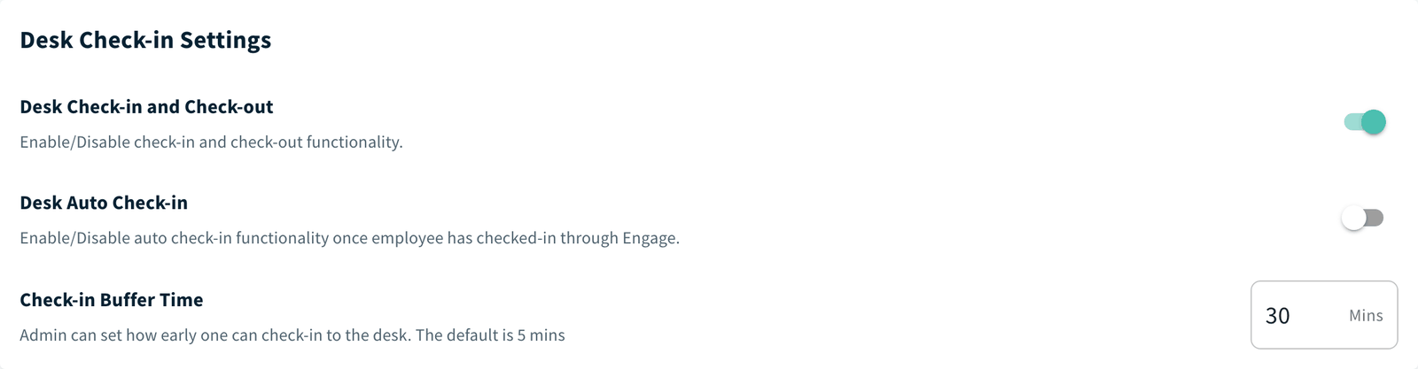 Desk Check-in Settings with the Desk Check-in and Check-out toggle and Check-in Buffer Time