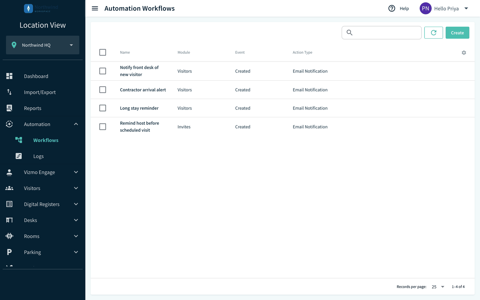 Automation Workflows list with Create button