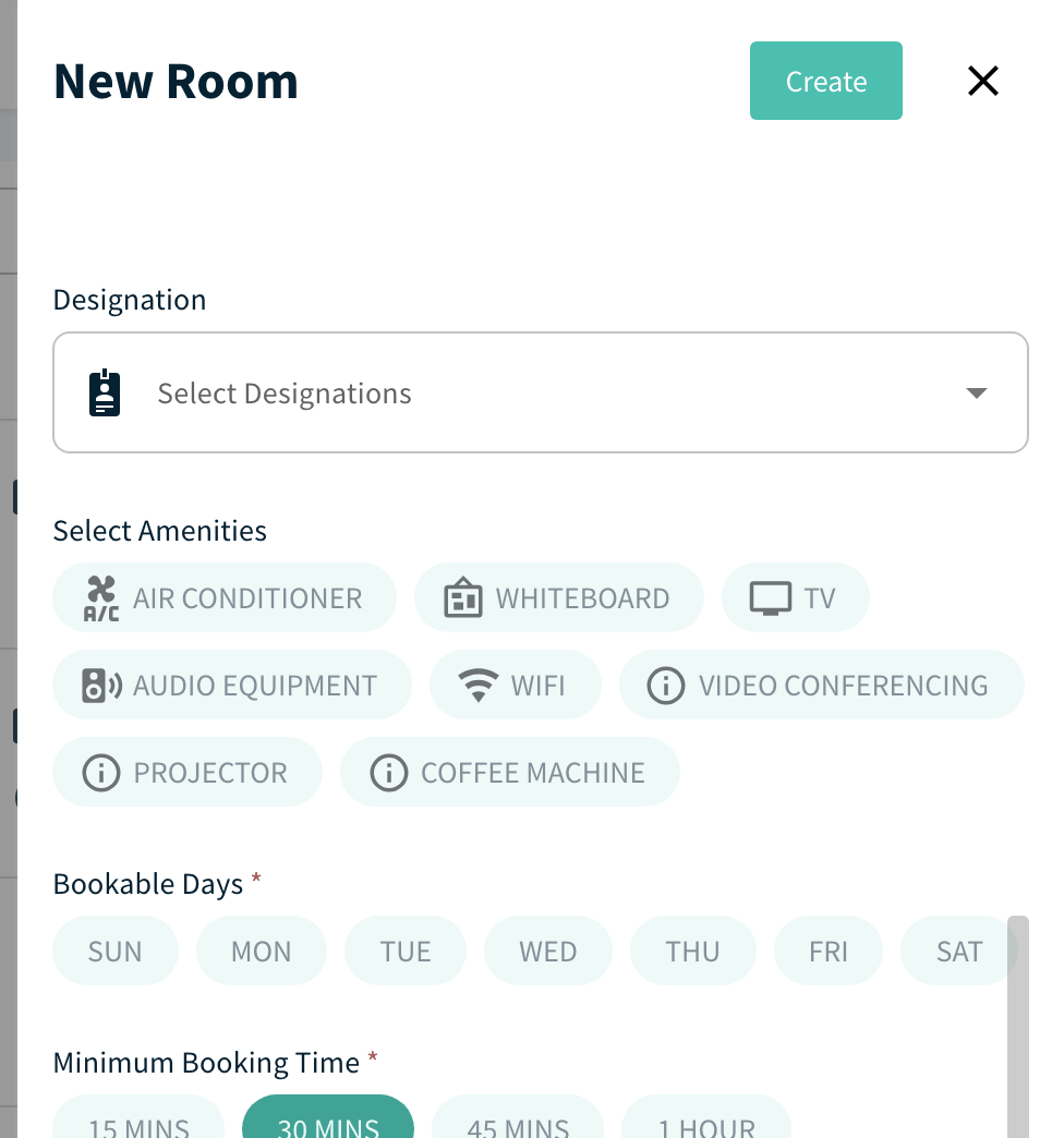 Room panel showing Minimum Booking Time and Maximum Booking Time chips with Custom and In Minutes