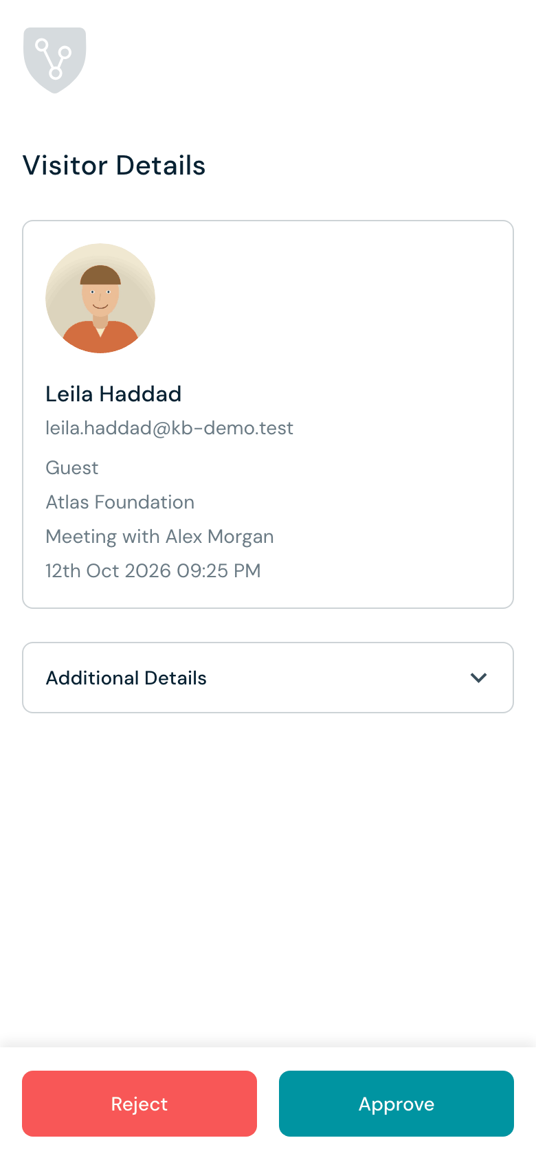 Approval page with the visitor's details and the Reject and Approve buttons