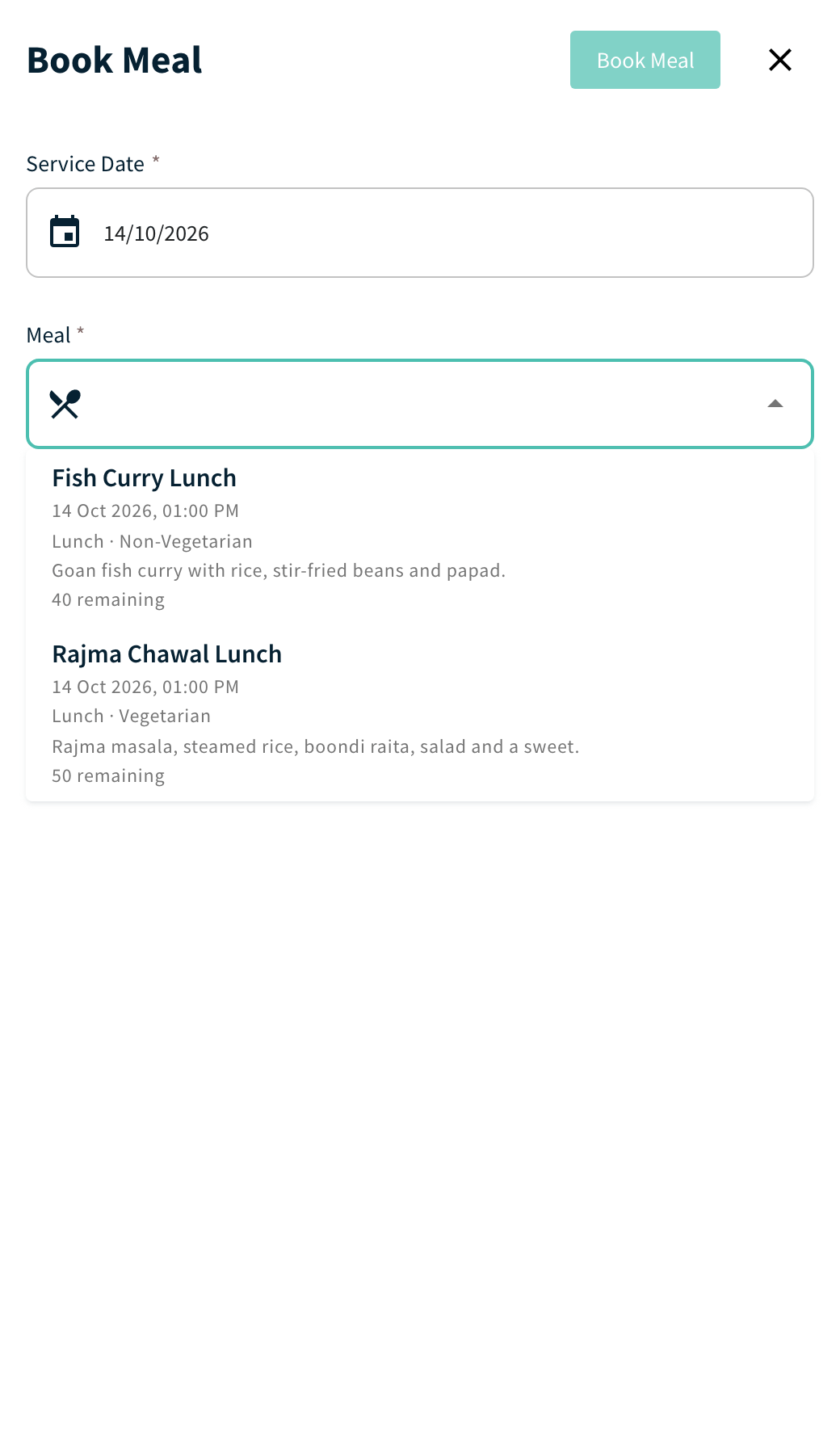 Book Meal panel with the Meal list open